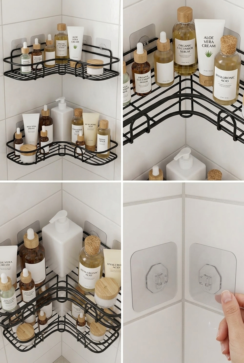 Iron Wall-Mounted Adhesive Corner Bathroom Storage Shelf (2 piece Combo)