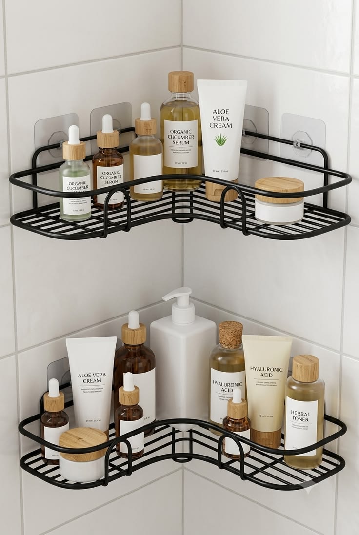 Iron Wall-Mounted Adhesive Corner Bathroom Storage Shelf (2 piece Combo)