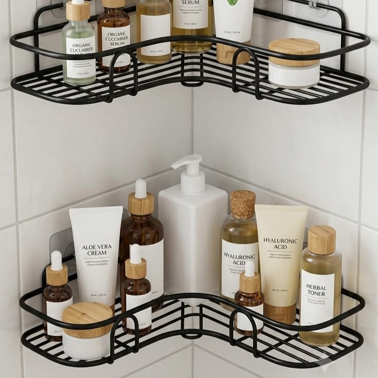 Iron Wall-Mounted Adhesive Corner Bathroom Storage Shelf (2 piece Combo)